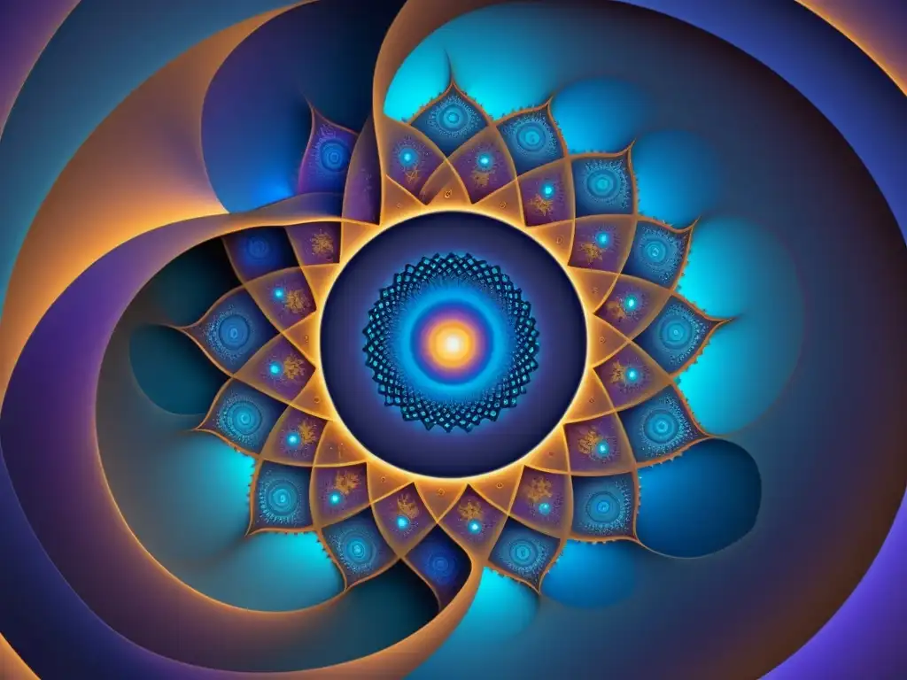 Patrón fractal vibrante que transita de tonos cálidos a azules y morados, evocando conexiones infinitas y profundidad