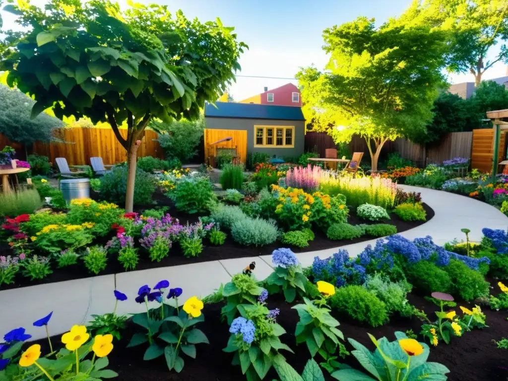 Un vibrante jardín urbano diverso, donde flores, plantas y árboles coloridos se entrelazan