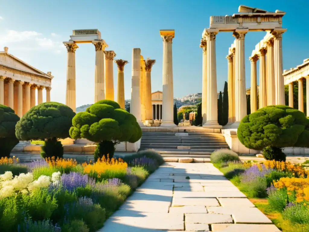 Vibrante viaje filosófico por Atenas: ruinas antiguas, columnas imponentes y sabios en discusión, bañados en cálida luz