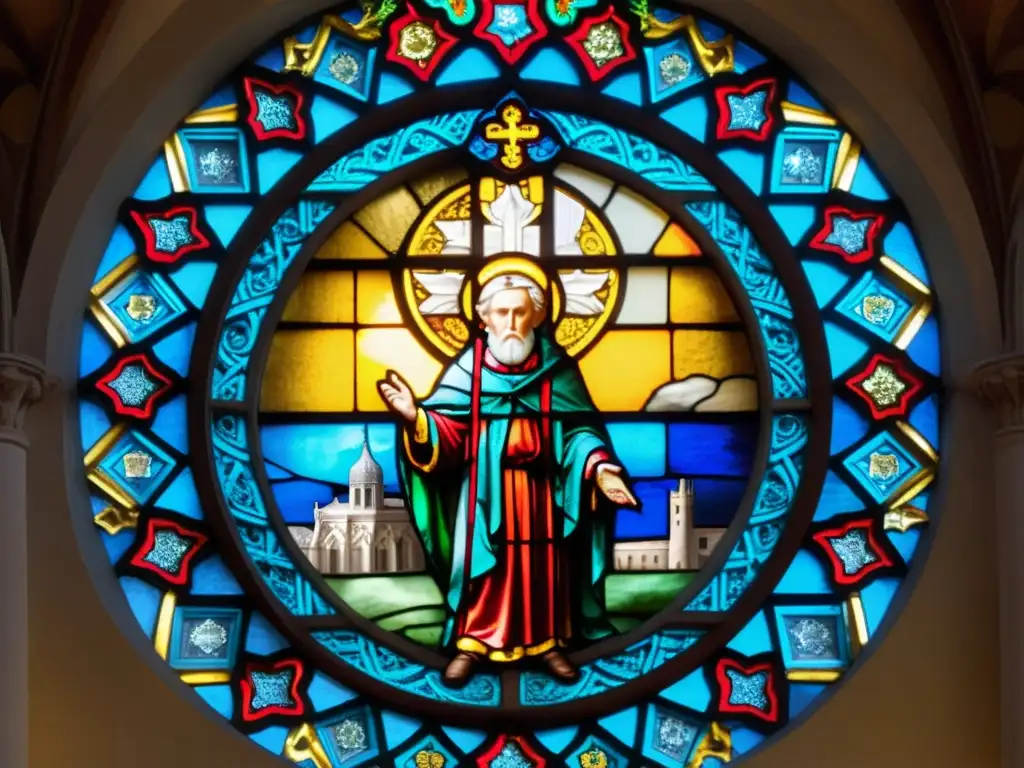 Vibrante vitral medieval iluminado por la luz del sol, representa la síntesis de San Agustín en una catedral