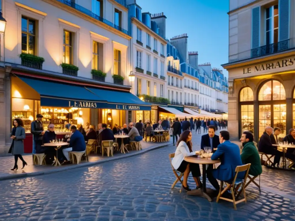 Vibrantes calles de Le Marais en París, con cafés al aire libre y debates filosóficos iluminados por la suave luz del atardecer