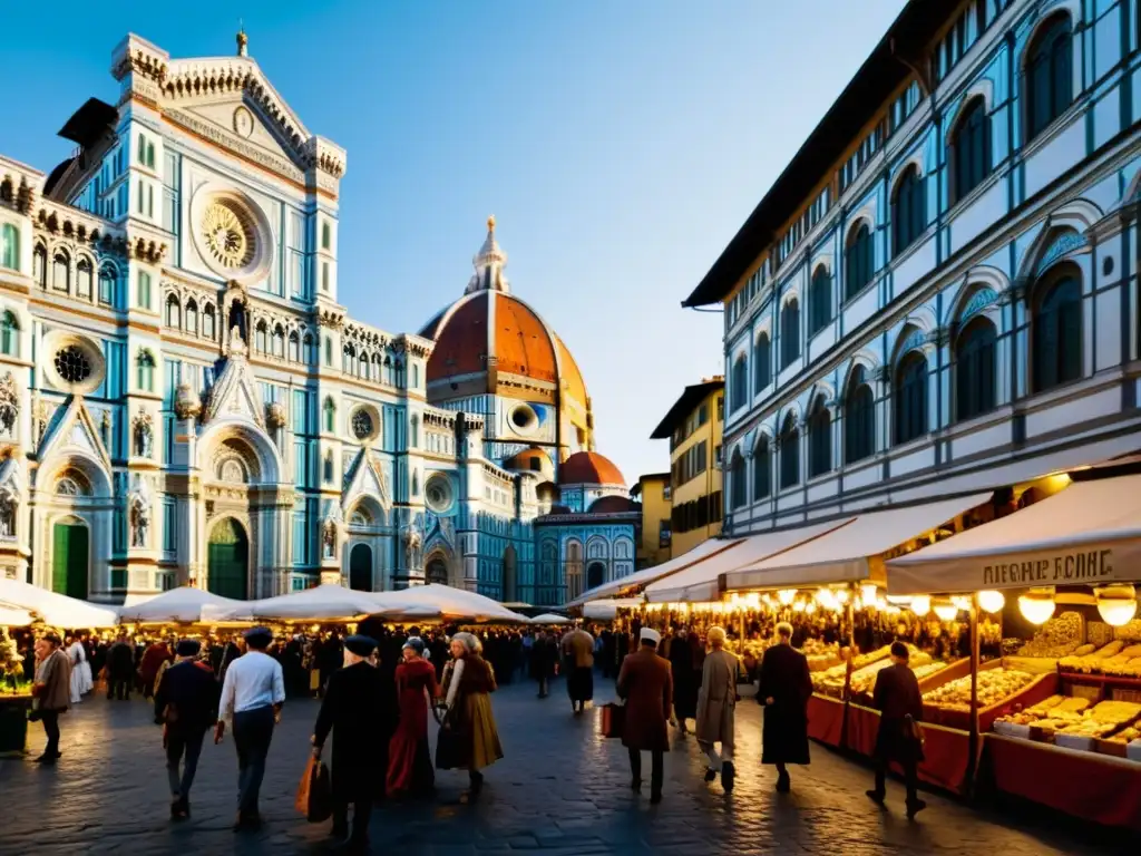 Vida y cultura del Renacimiento en Florencia: calles bulliciosas, edificios ornamentados y personas vestidas con ropa de la época