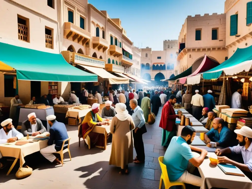 Vida intelectual en ciudades norteafricanas: animado mercado al aire libre con debates, arquitectura antigua y telas coloridas
