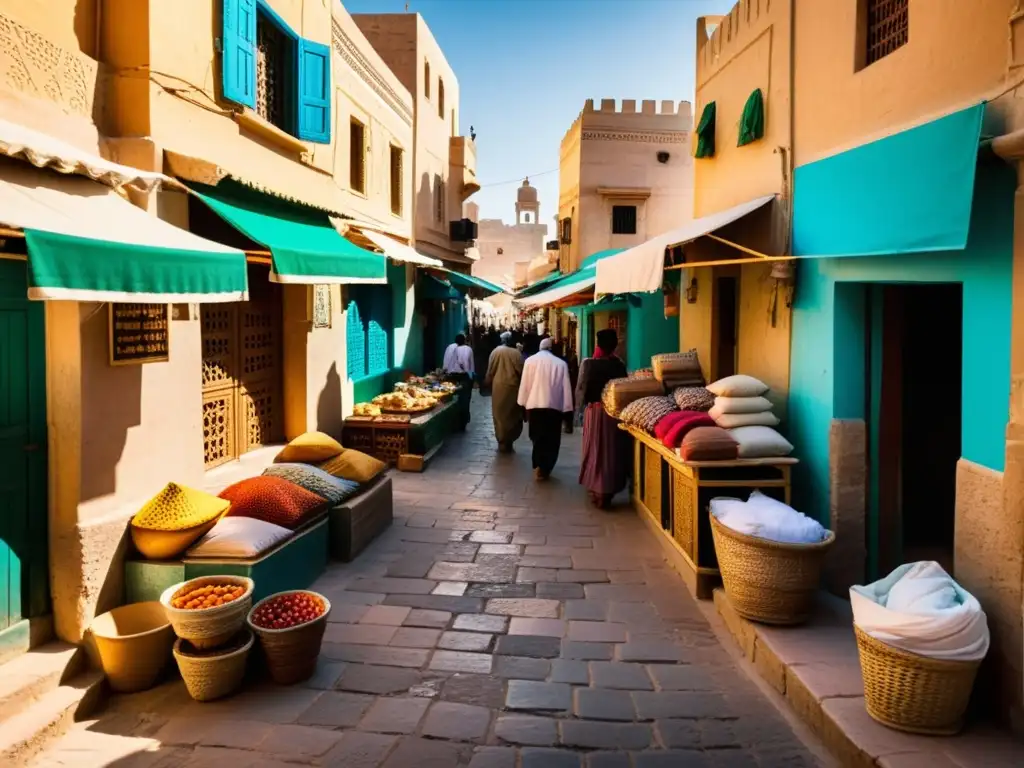 Vida urbana en un bullicioso zoco norteafricano con colores vibrantes, arquitectura antigua y la atmósfera de la comunidad