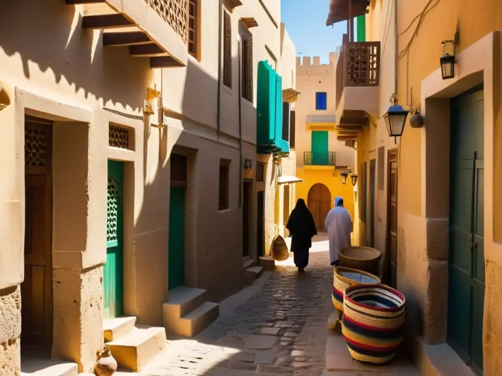 Vida urbana norteafricana: Un callejón bullicioso en una medina, con edificios antiguos, sombras dramáticas y artesanías coloridas