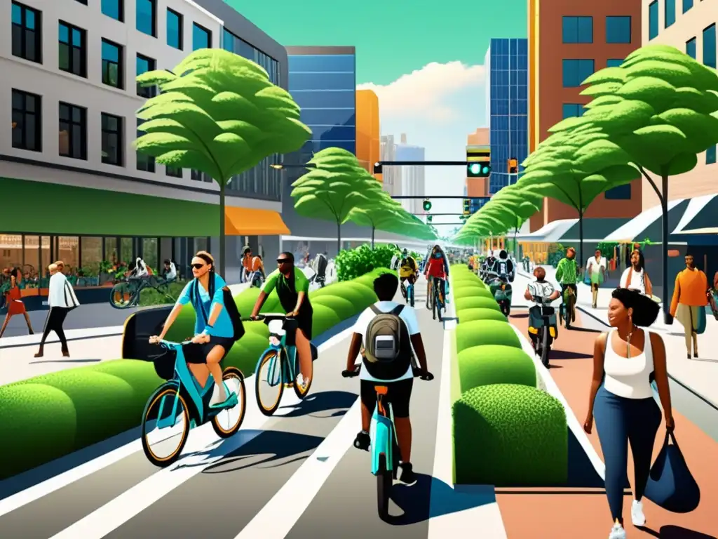 Vida urbana vibrante y sostenible con personas caminando, andando en bicicleta y utilizando transporte público, rodeadas de infraestructura ecológica