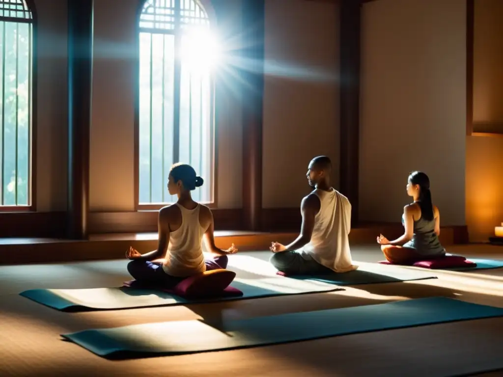Meditación Vipassana: Practicantes en meditación, con luz suave y atmósfera tranquila, reflejando introspección y paz interior
