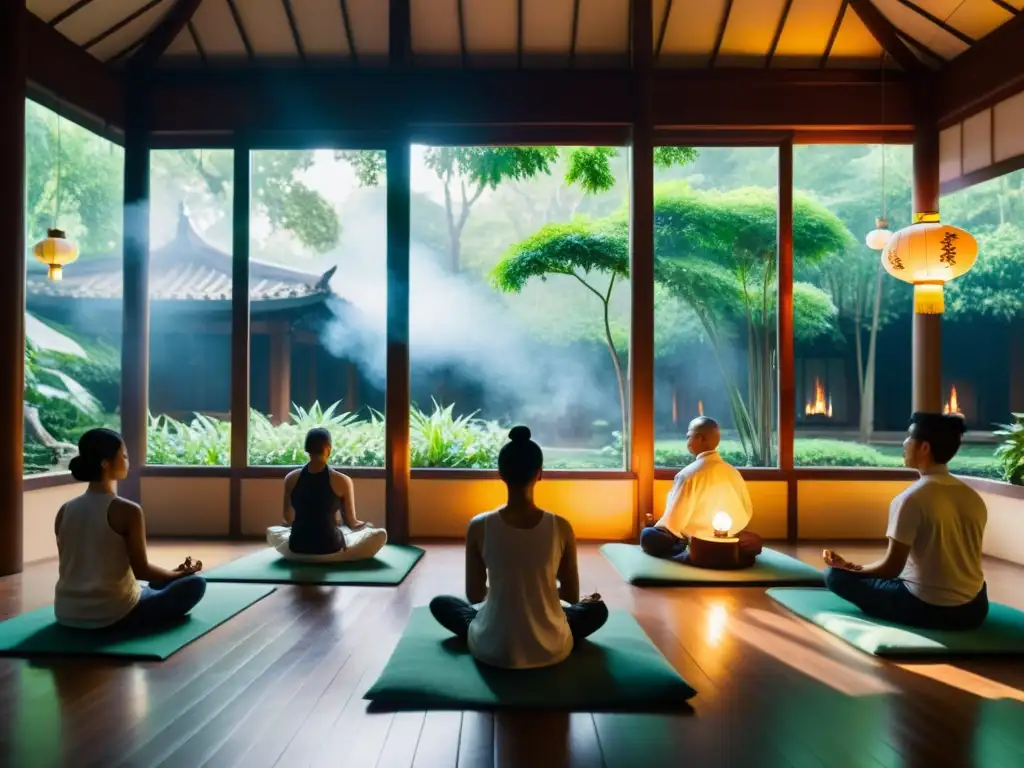 Meditación Vipassana en un tranquilo salón iluminado, practicantes en meditación profunda, rodeados de serenidad y naturaleza