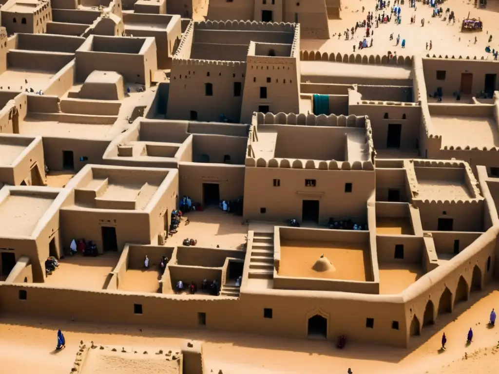 Vista aérea de la antigua ciudad de Timbuktu en Mali, mostrando la intrincada arquitectura de barro de mezquitas y madrazas entre calles bulliciosas