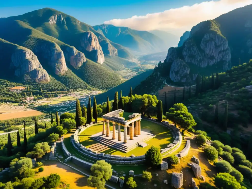 Vista aérea del antiguo Templo de Apolo en Delfos, con el imponente Monte Parnaso al fondo
