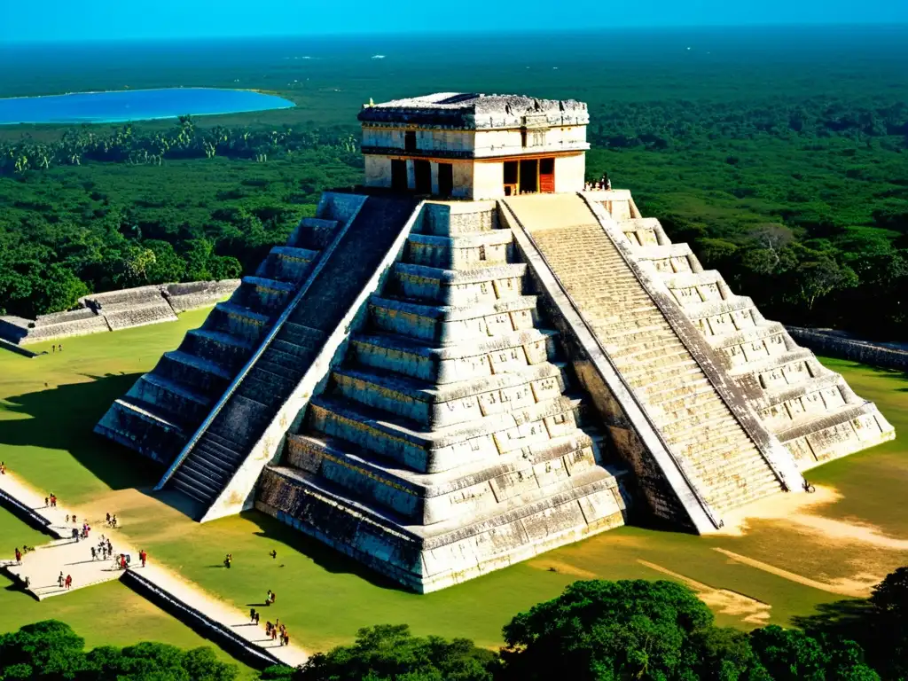 Vista aérea del antiguo templo maya de Kukulcán en Chichén Itzá, México, influencia filosófica en arquitectura sagrada