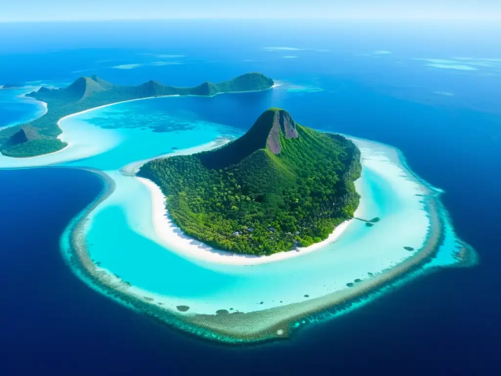 Vista aérea de arrecifes de coral y aguas turquesas alrededor de una isla exuberante en el Pacífico, con influencia de mitos fundacionales en Oceanía