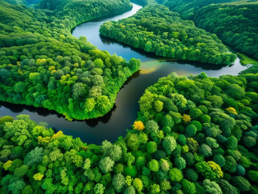 Vista aérea asombrosa de un exuberante bosque virgen, una red de vida diversa en tonos verdes