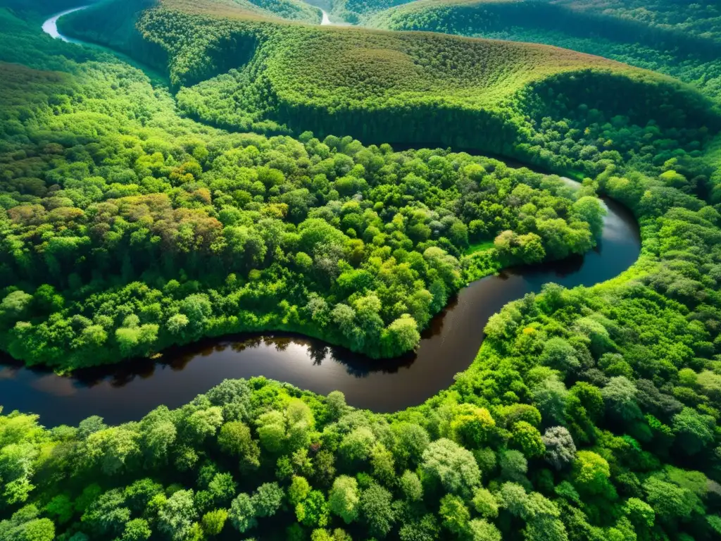 Vista aérea asombrosa de un exuberante bosque con río