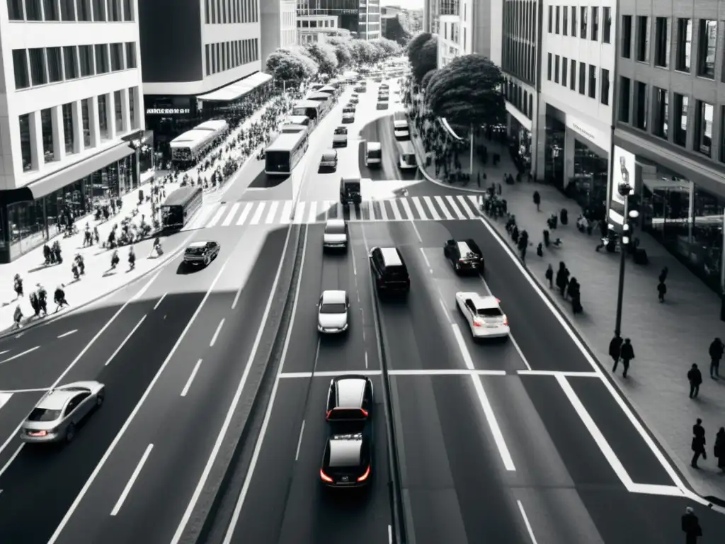 Vista aérea en blanco y negro de una bulliciosa calle de la ciudad, transmitiendo la frenética toma de decisiones en el mundo empresarial