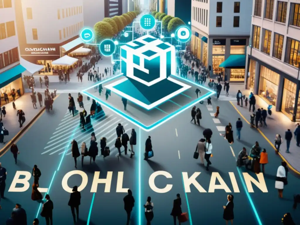 Vista aérea de una bulliciosa calle de la ciudad con personas y símbolos de blockchain, representando la intersección entre tecnología y sociedad