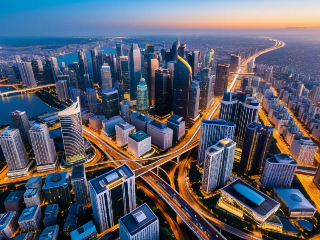Vista aérea de una bulliciosa ciudad urbana con rascacielos y una red de carreteras iluminadas