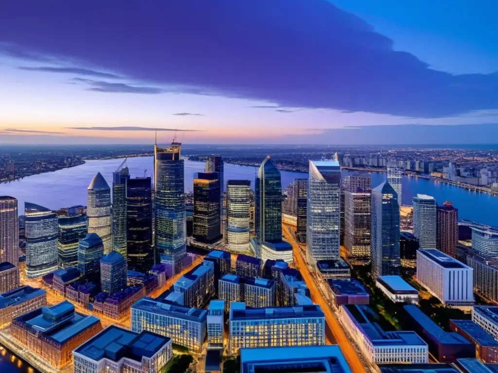 Vista aérea de una bulliciosa ciudad al anochecer, con edificios corporativos iluminados creando un cautivador contraste con el cielo oscureciendo