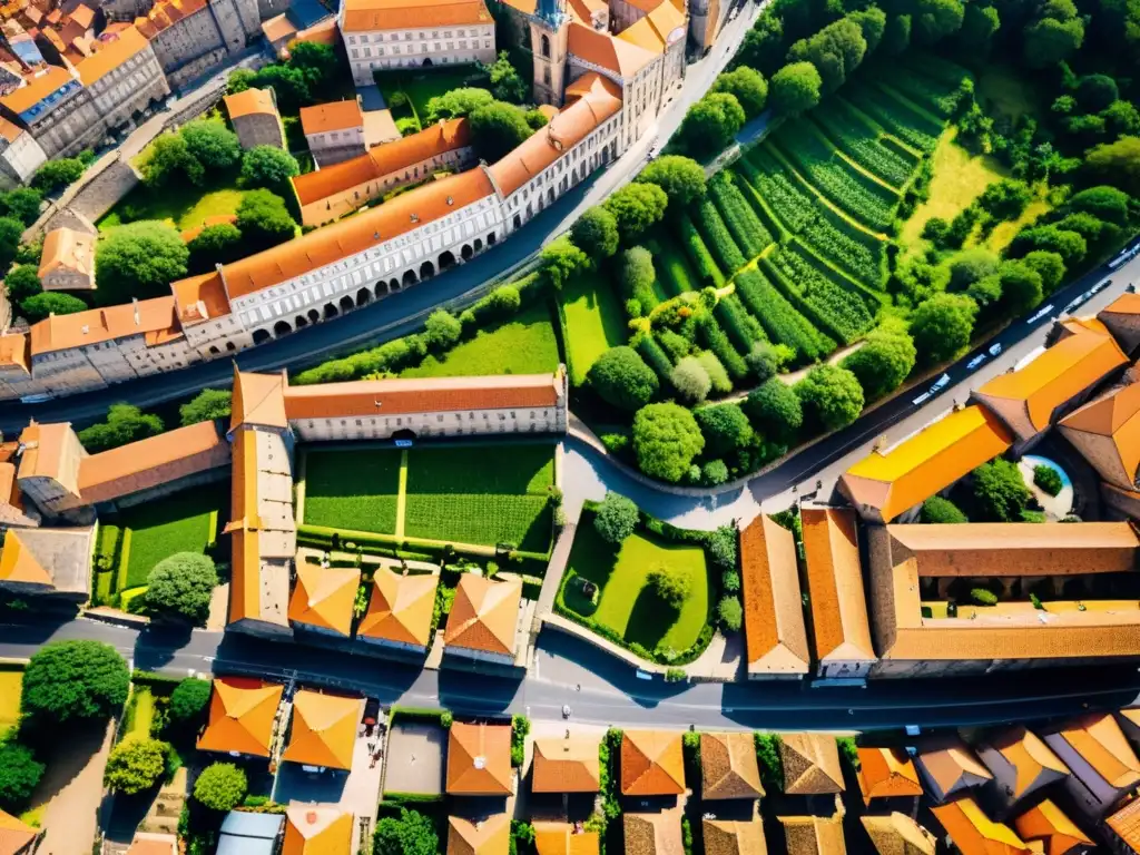 Vista aérea de Santiago de Compostela, con sus calles medievales, catedral icónica y entorno verde exuberante