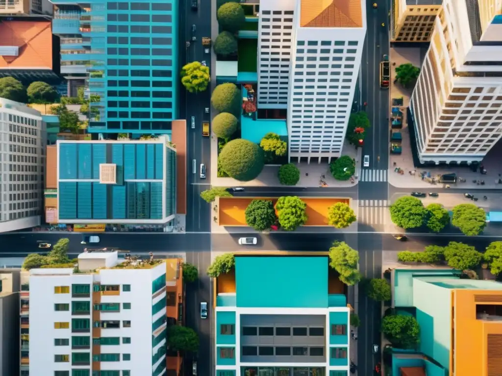 Vista aérea de un centro urbano bullicioso, reflejando la energía vibrante y la mezcla arquitectónica de lo antiguo y lo nuevo