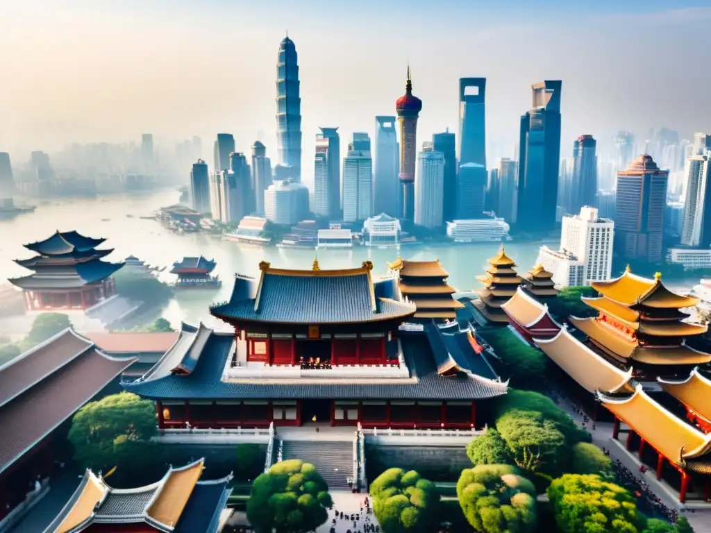 Vista aérea de ciudad asiática con rascacielos y templos tradicionales, reflejando la armonía entre tradición y progreso