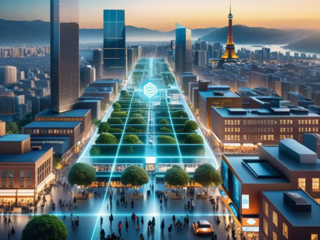 Vista aérea de una ciudad bulliciosa con una red de blockchain superpuesta, simbolizando la integración de la tecnología con la vida cotidiana y la naturaleza interconectada del conocimiento y la verdad