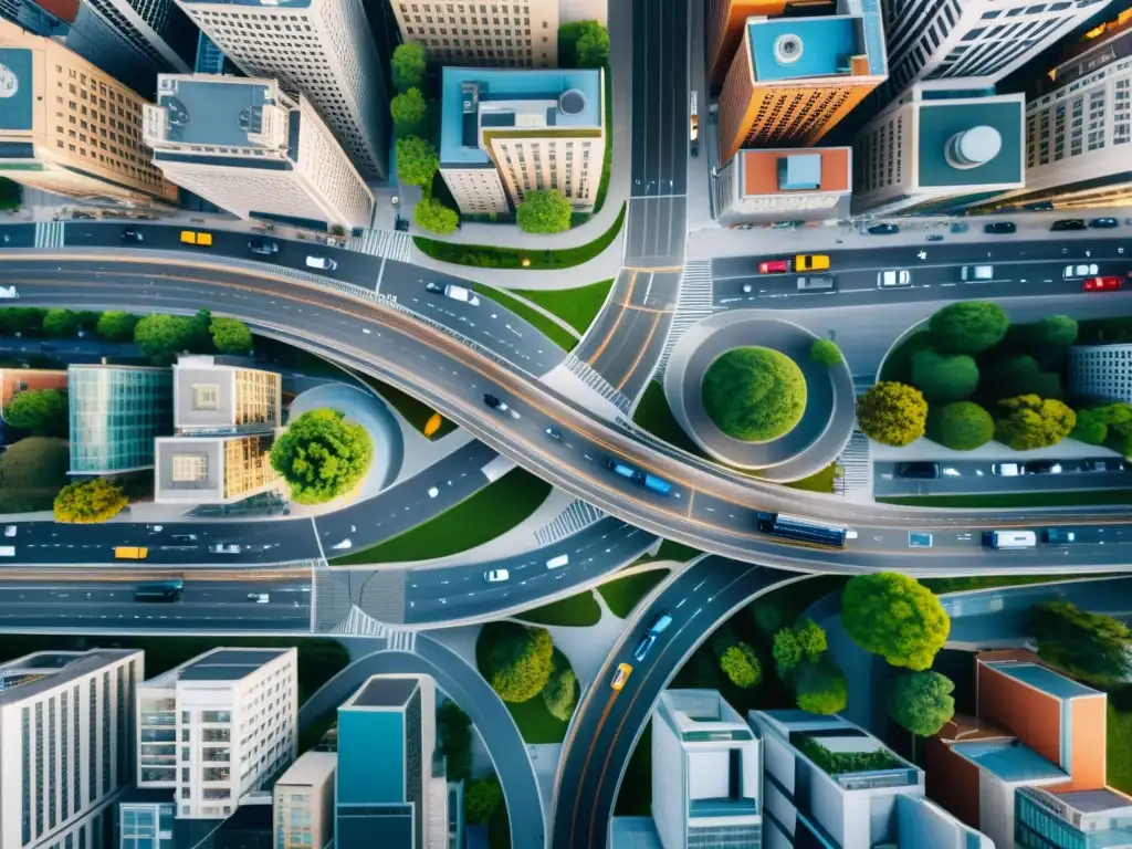 Vista aérea de una ciudad bulliciosa con una red de carreteras e interconexiones, reflejando la ética del consenso en la tecnología Blockchain