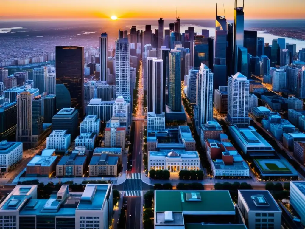 Vista aérea de una ciudad bulliciosa al atardecer, con rascacielos proyectando largas sombras