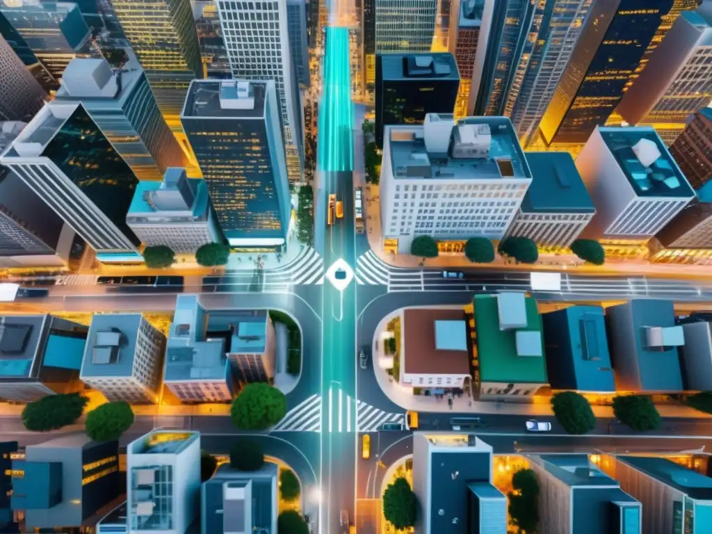 Vista aérea de una ciudad bulliciosa con flujos de datos sobre los edificios, mostrando la integración del Big Data en la vida diaria y la privacidad en el manejo de Big Data