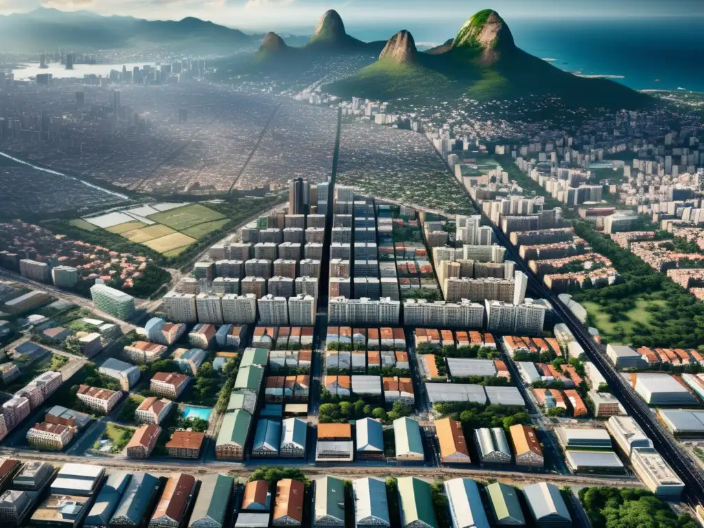 Vista aérea de ciudad con contrastes entre barrios ricos y pobres, reflexionando sobre ética distributiva y dilemas de riqueza