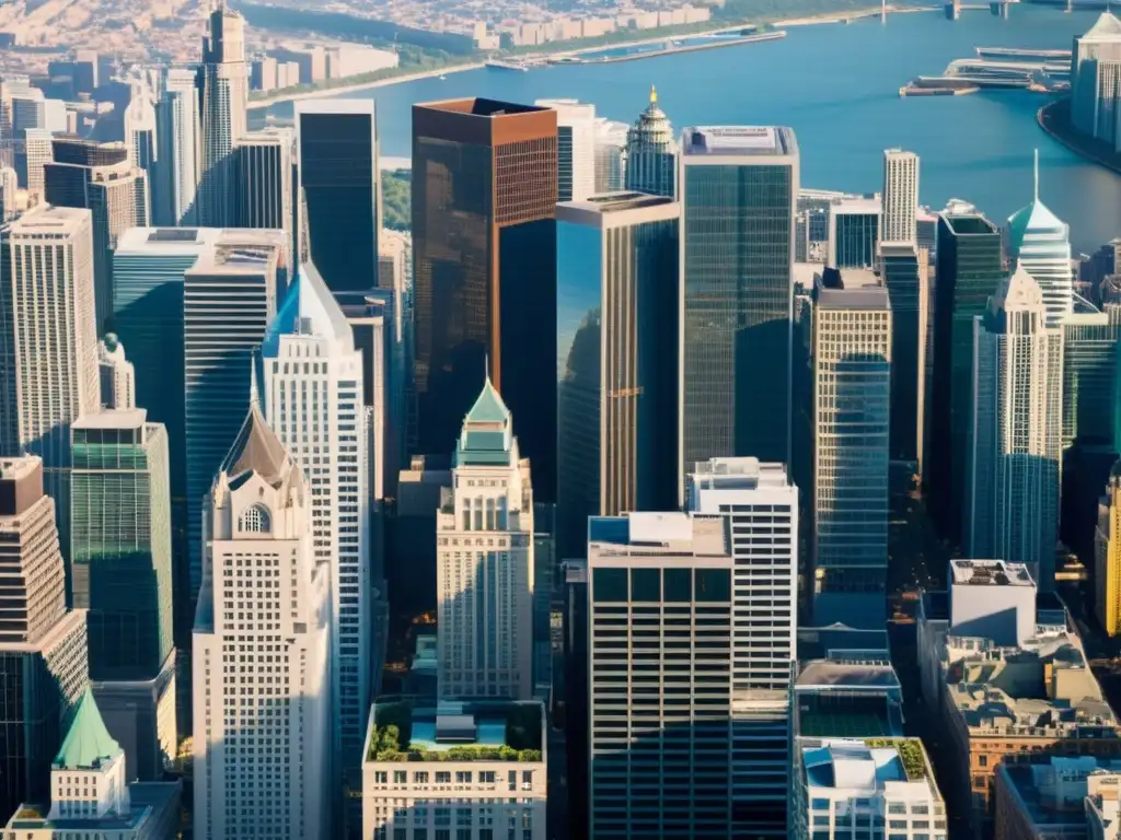 Vista aérea de una ciudad dinámica con rascacielos modernos y edificios históricos, reflejando la evolución de la ética empresarial: tendencias futuras