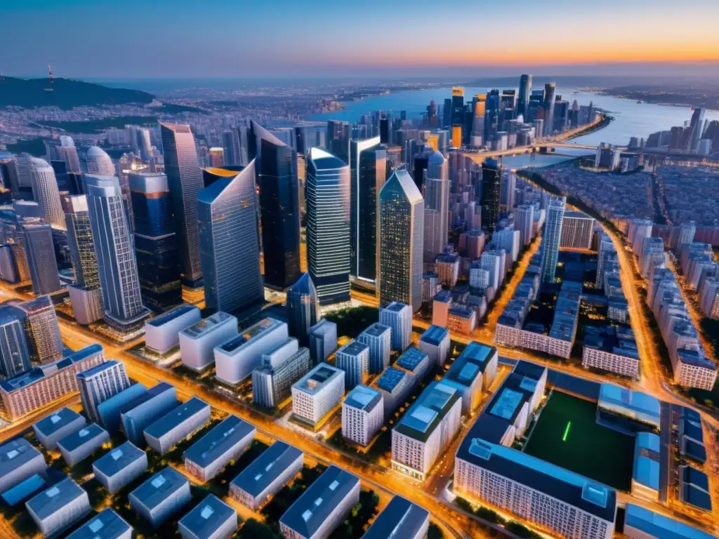 Vista aérea de una ciudad moderna al anochecer, con luces de la ciudad iluminando los edificios y calles