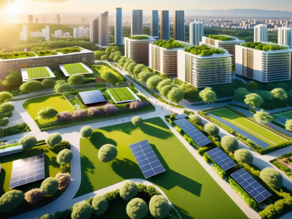 Vista aérea de una ciudad moderna con enfoque ético sostenibilidad negocios, mezclando rascacielos, parques verdes y energía solar