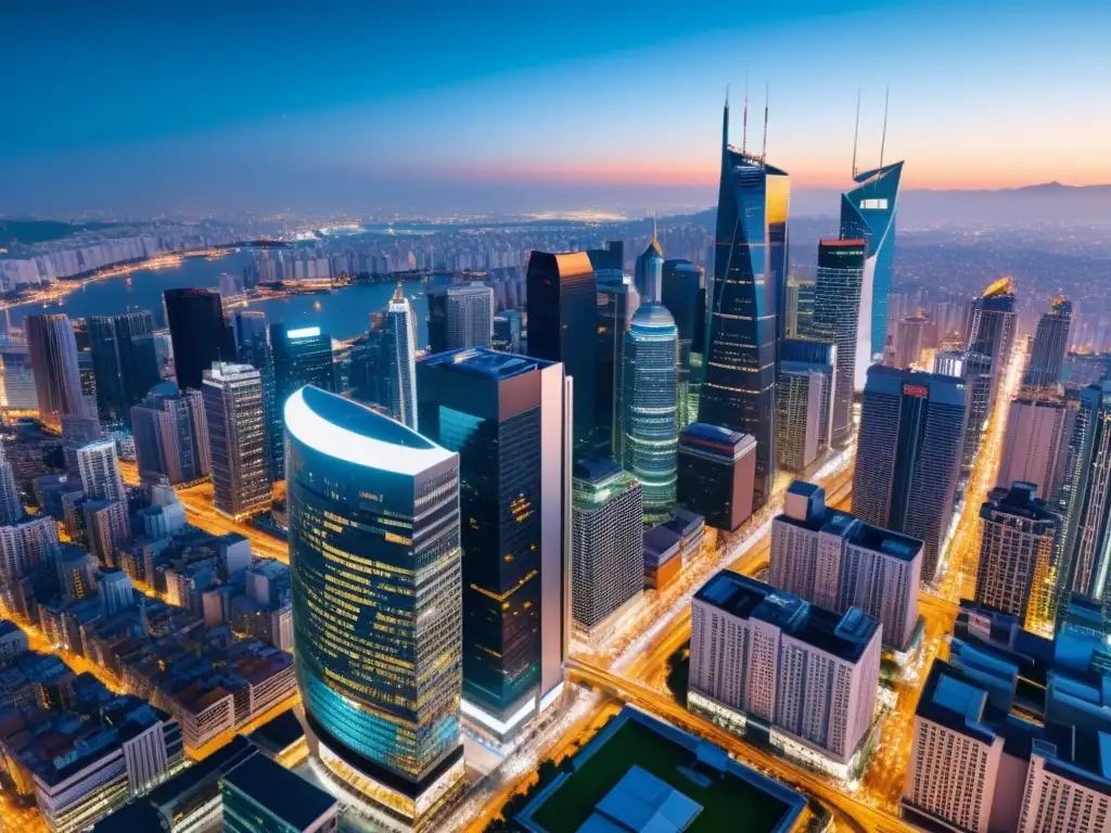 Vista aérea de una ciudad moderna con rascacielos y calles concurridas, simbolizando los desafíos éticos de las empresas en la era digital