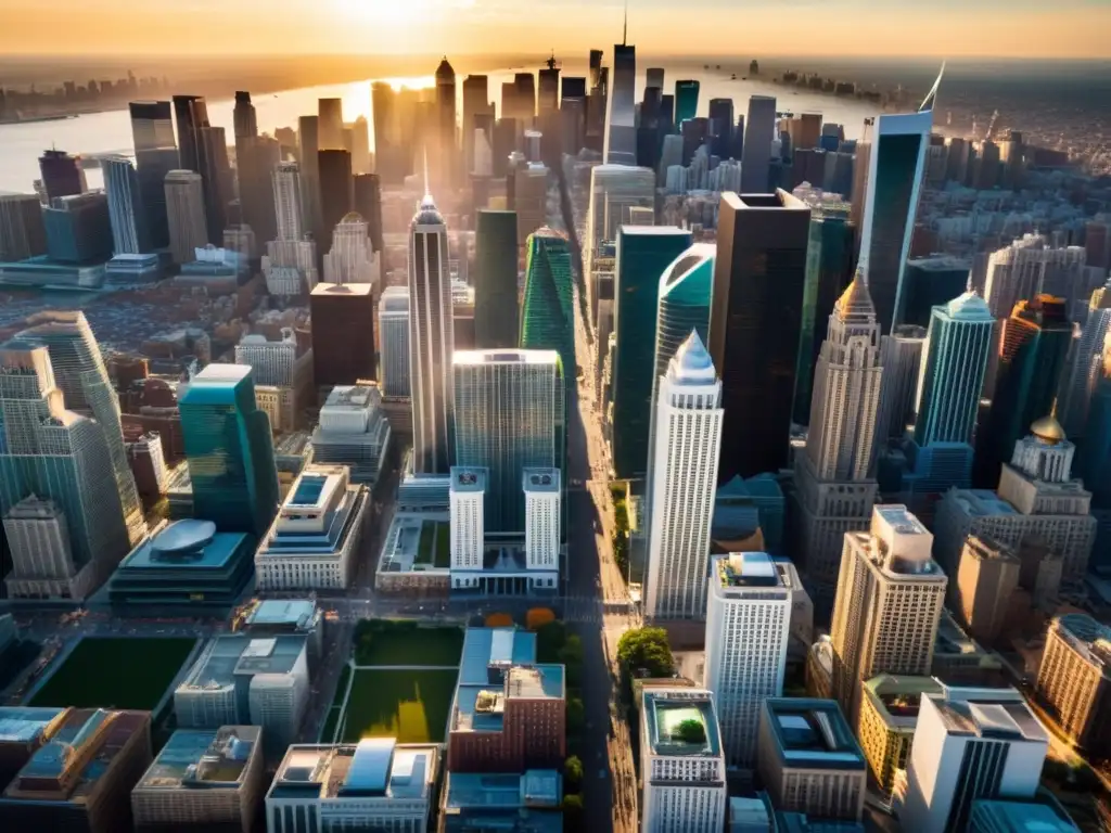 Vista aérea de una ciudad vibrante con rascacielos y edificios históricos, simbolizando el determinismo tecnológico y el libre albedrío