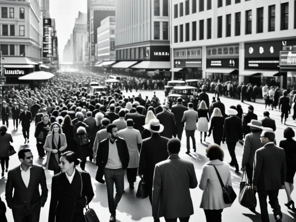 Vista aérea de una concurrida calle de la ciudad en blanco y negro, simbolizando la complejidad de las decisiones humanas y las interacciones sociales