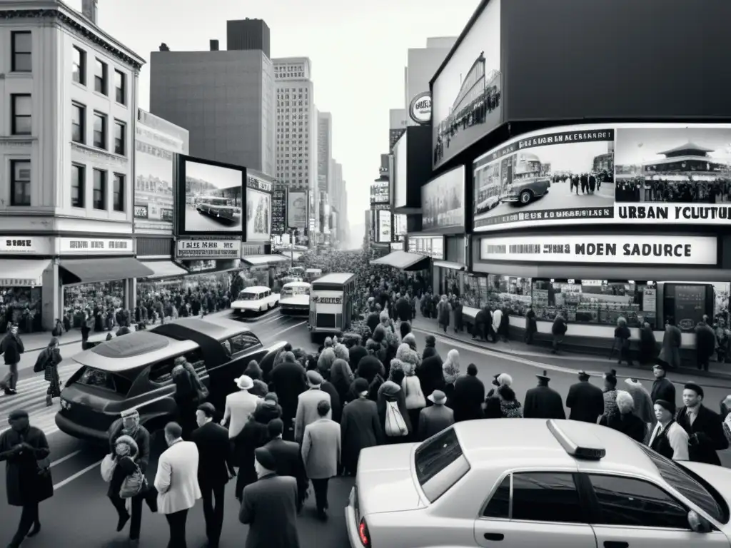 Vista aérea de una concurrida calle urbana en blanco y negro, reflejando el existencialismo en la cultura pop y la vida cotidiana