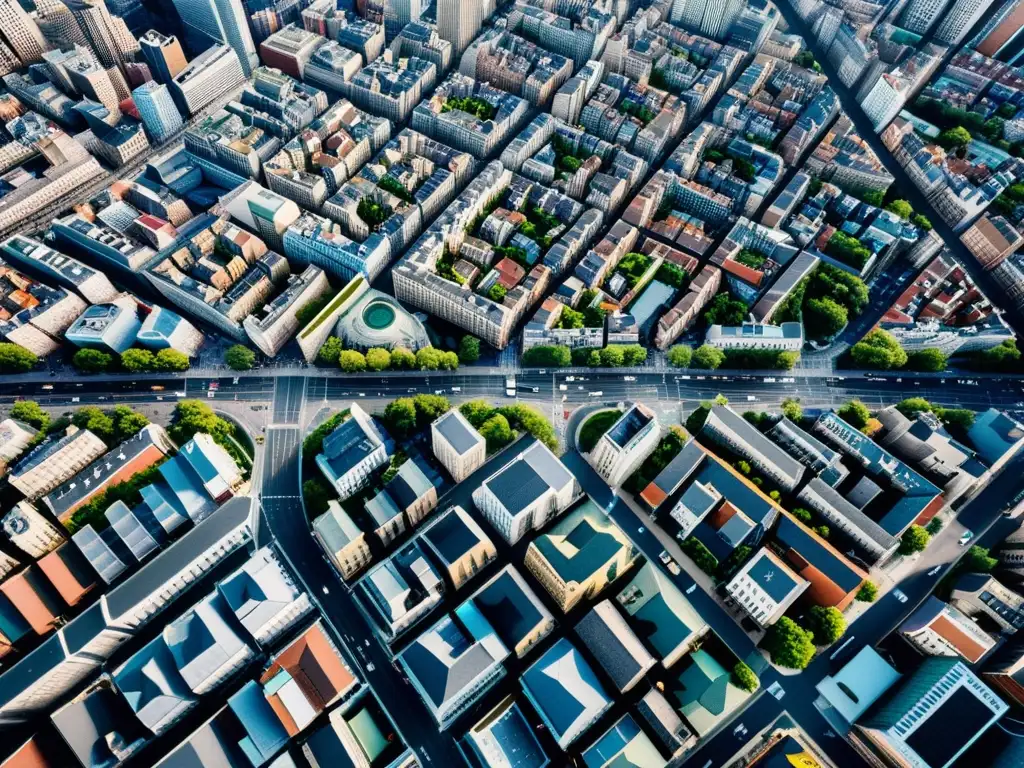 Una vista aérea detallada de una bulliciosa ciudad, con edificios, calles y multitudes de personas