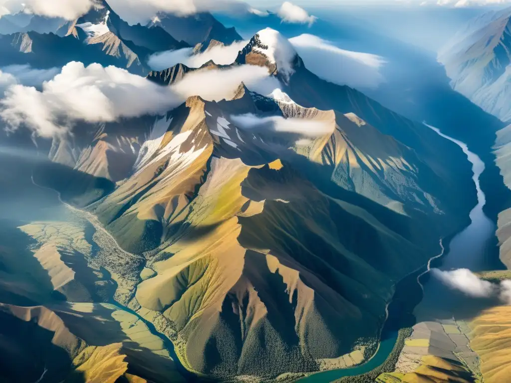 Una vista aérea detallada de los majestuosos Andes con sus picos envueltos en neblina