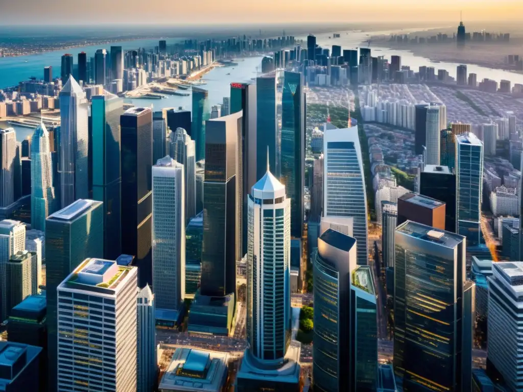 Vista aérea de distrito empresarial global con rascacielos que destaca la diversidad y desafíos ética empresarial global