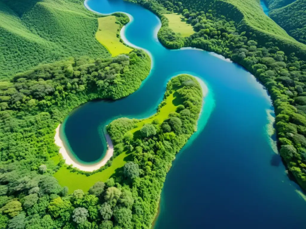 Vista aérea de un ecosistema armonioso y diverso con río, flora exuberante y cielo azul