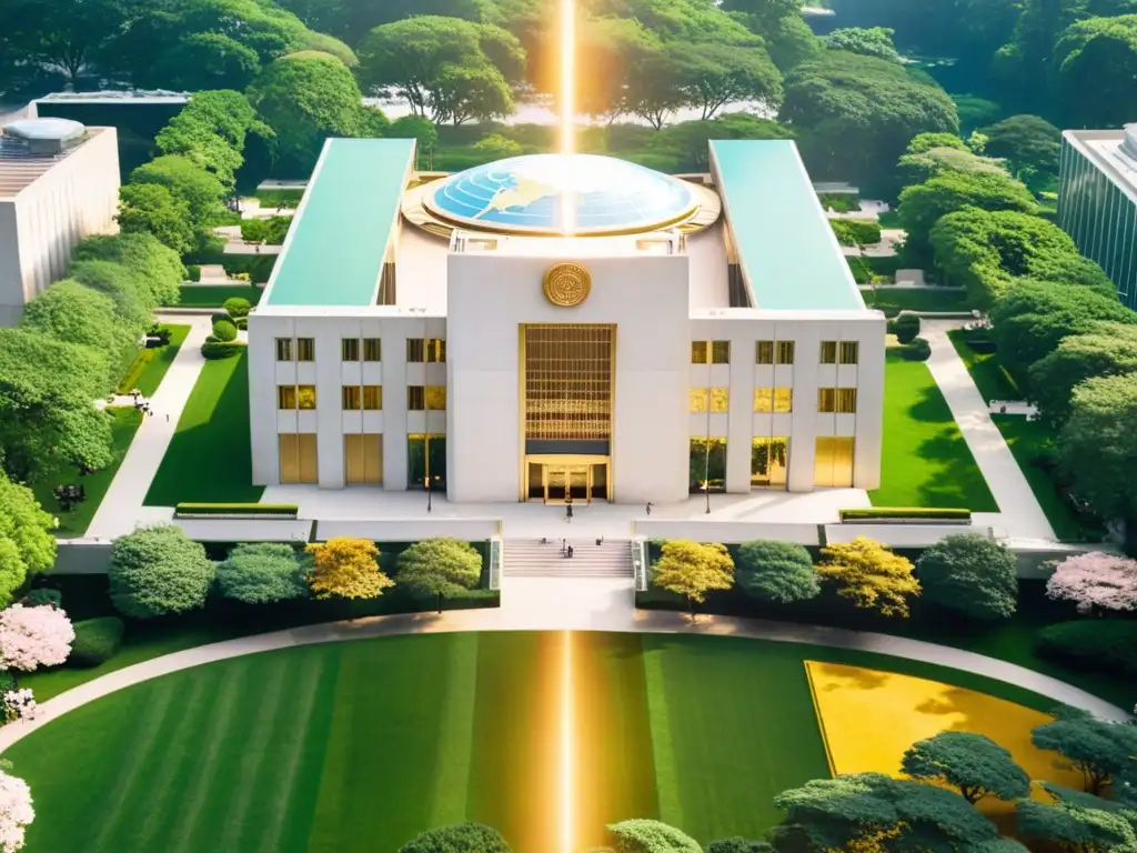 Vista aérea del edificio de la ONU con líderes religiosos en diálogo interreligioso, simbolizando la influencia política mundial