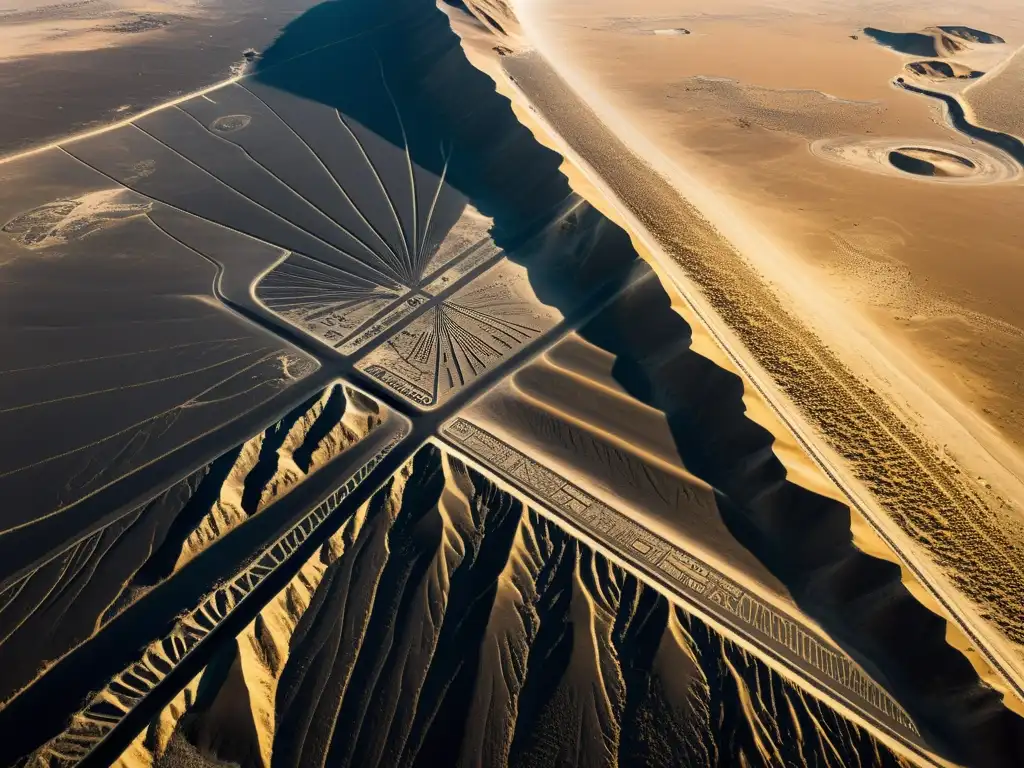 Vista aérea de los enigmáticos geoglifos de Nazca, invitando a la interpretación filosófica de su belleza histórica