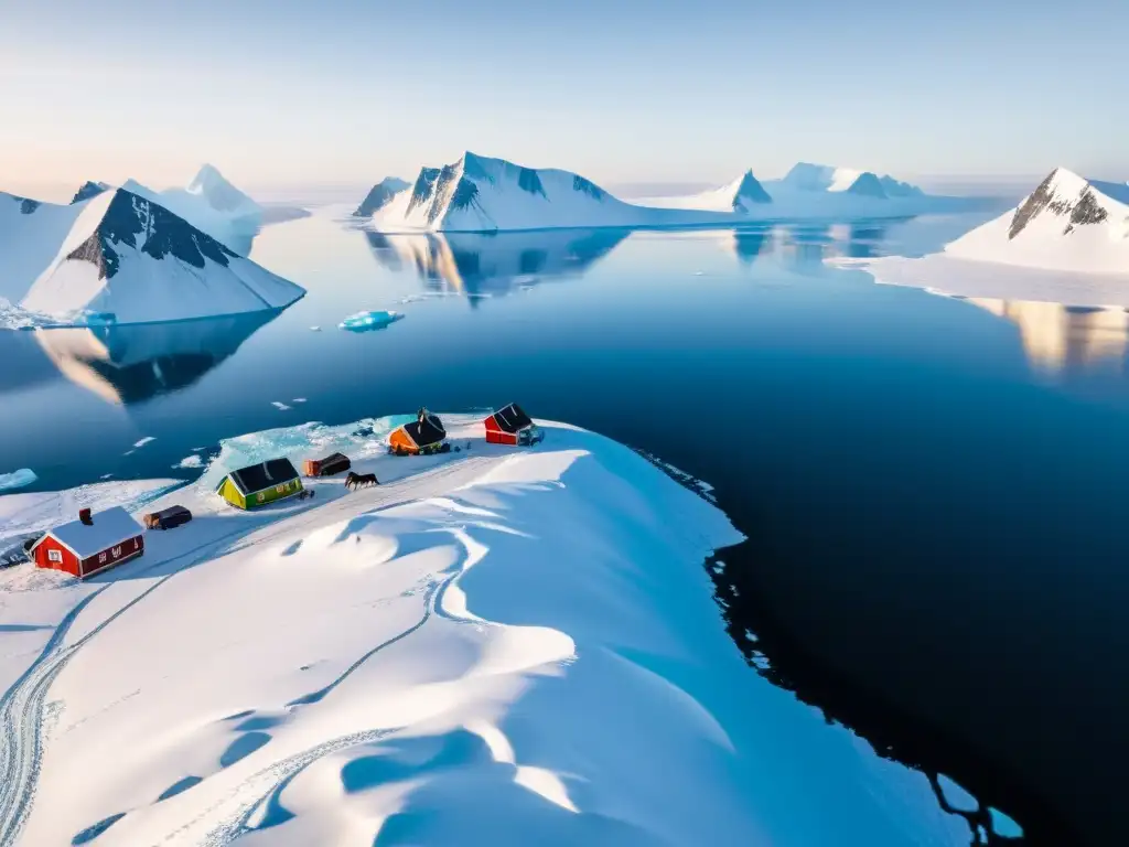 Vista aérea de la etnia inuit en el Ártico, con montañas nevadas y glaciares al fondo