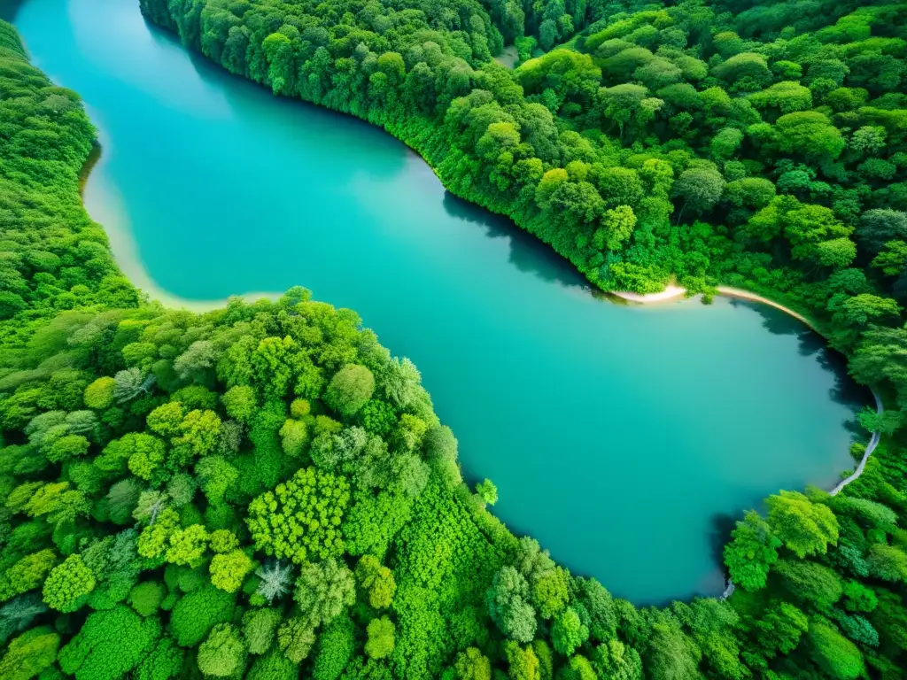 Vista aérea de un exuberante bosque con río serpenteante, en una sinfonía de naturaleza, biodiversidad y Ética ambiental y tecnología