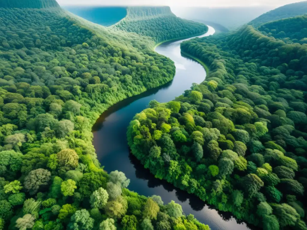 Vista aérea de un exuberante bosque con un río serpenteante, resaltando la importancia de la inversión sostenible en la conservación ambiental