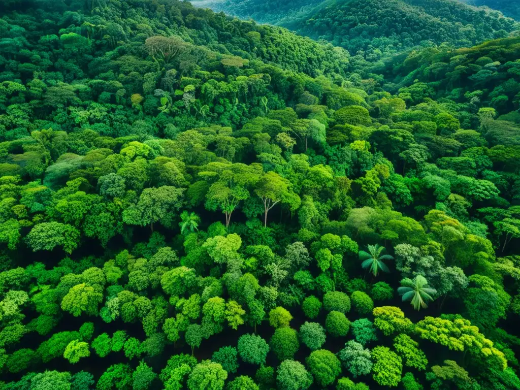 Vista aérea de un exuberante bosque lluvioso con una diversa cubierta arbórea en tonos verdes vibrantes