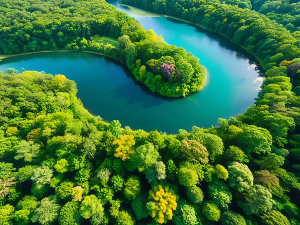 Vista aérea de un exuberante bosque con diversidad de árboles, bañado por la luz dorada