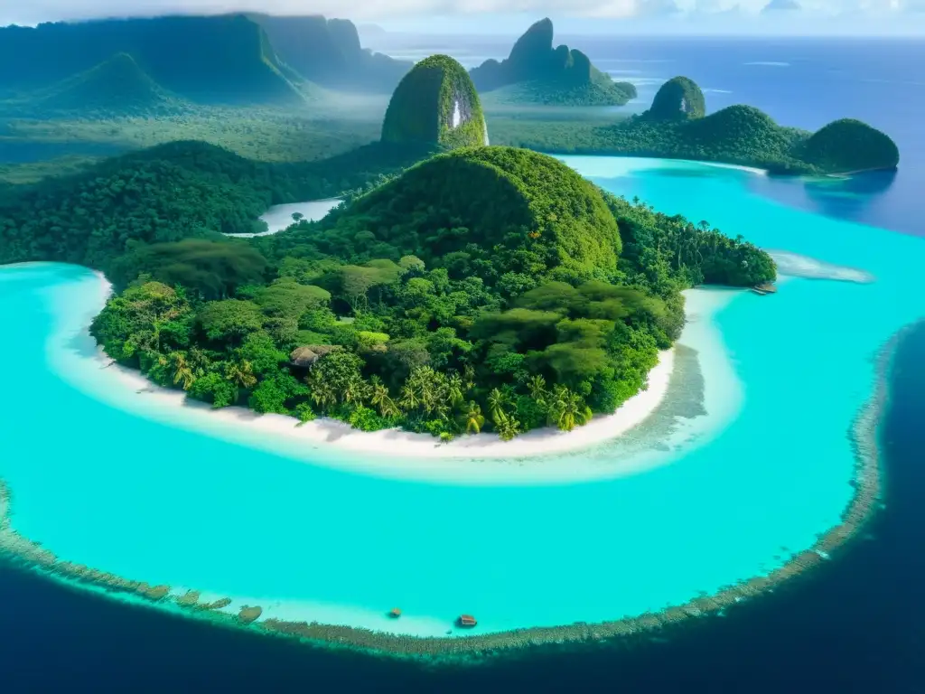 Vista aérea de una exuberante isla en Oceanía, rodeada por aguas turquesa