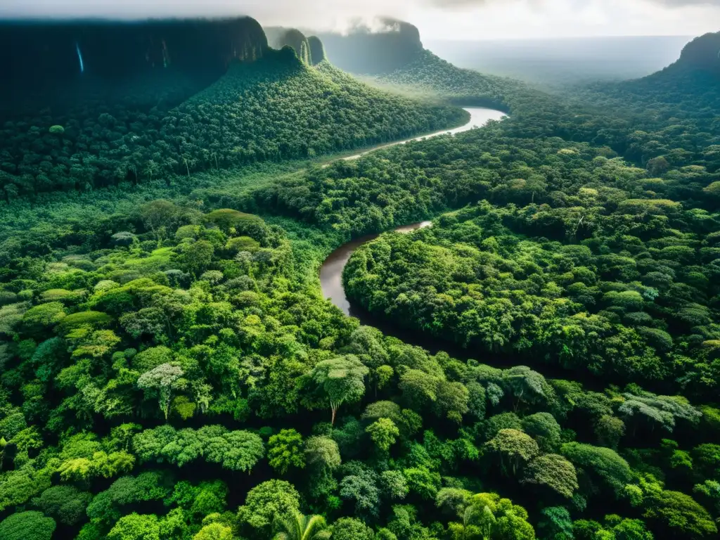 Vista aérea de exuberante selva tropical, con biodiversidad y sabiduría de pueblos originarios en conservación ambiental